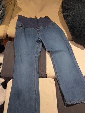 Thyme Maternity Blue Straight-Leg Jeans with Navy Belly Panel